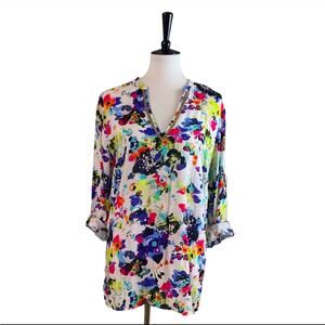 Nicole Miller Top Popover V-neck White Blue Multi Floral Women’s Size Large